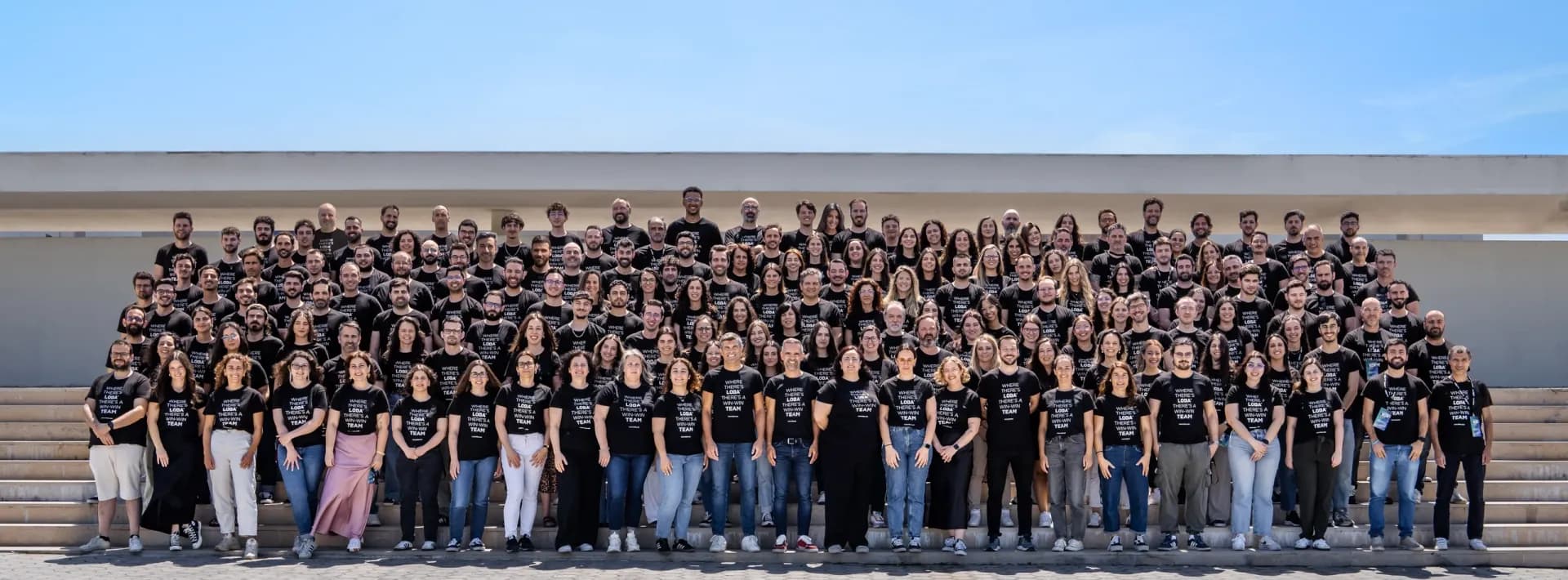 The LOBA team: around two hundred people photographed together on the steps outside the studio in Aveiro, Portugal.